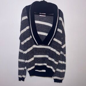 Vintage 90s Clifton Place Navy White Striped V-Neck Sweater Women's L Academia